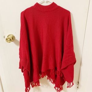 Revue Red wool blend sweater mock neck poncho cape tassel one size